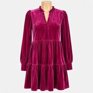 STATE Magenta Velvet Tiered Dress Women's XS Long Sleeve Mini Dress